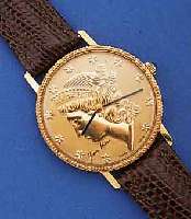 JEAN MARC HERRENARMBANDUHR IN FORM EINER 20 GOLDDOLLARMÜNZE, SCHWEIZ UM 1995, METALL VERG., EDELST.-BODEN GEDR., SCHMUCKKRONE, HANDAUFZUG ...