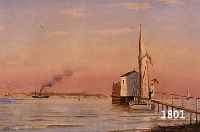 NEUMANN, JOHAN JENS, KOPENHAGEN 1860-1940, JUNGES PAAR BESTEIGT EINE JOLLE AM STEG, IM HINTERGRUND SEGELSCHIFF UND DAMPFER, ÖL/LWD, RE. U. SIGN., ...