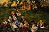 HOJAS, UNGARISCHER MALER, UM 1900, GROßVATER MIT KINDERN AUF EINER WIESE, ÖL/METALL, RE. U. SIGN., CA. 21,5 X 32 CM, R.