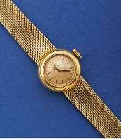 OMEGA DAMENGOLDBANDUHR, SCHWEIZ UM 1960, GG 750/000 GEH. INCL. GG-ORIG.-BD., VERS. BL., ALTERSBED. FARBL. GET., AUFGESETZTE GOLDSTD.- ZEICHEN, ...