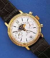 GUINAND ARMBANDCHRONOGRAPH M. DAT. U. MONDPH., SCHWEIZ UM 1968, METALL HART VERG., EDELST. BOD. GESCHR., KORREKTURDR. SEITL. AUßEN 9, 30- ...