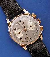 VALJOUX ARMBANDCHRONOGRAPH, SCHWEIZ UM 1944, RG 750/000, BOD. U. GLASRAND AUFGEDR., METALL- CUV. ZUR ARMIERUNG, 30-MIN-STOPPZÄHLER, TACHY- ...