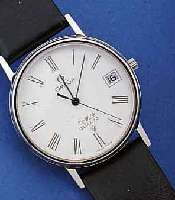 OMEGA HERRENARMBANDUHR, QUARTZ, DE VILLE, EDELST., SCHWEIZ UM 1985, 17 ST., BOD. AUFGE- DR., LEDERBD. NEU, MINERALFLACHGL., EMAILFARB. ...