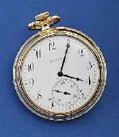 ELGIN HERRENTASCHENUHR, OFFEN, USA UM 1925, SERIE DIPLOMAT, GG-FILLED, BOD. U. GLASRAND AUFGESCHR., 2-TEILIGES EMAILBL. FEINHAARR. MIT STARKER LUPE ...