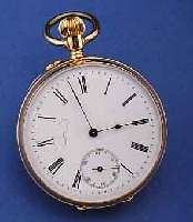 HERRENTASCHENUHR, SCHWEIZ F. D. DEUTSCH. MARKT UM 1895, GG 585/000, BOD. SYMMETR. GUILL., MONOGRAMMSPIEGEL FREI, EMAILBL., GEBL. STAHLPOIREZEIGER, ...