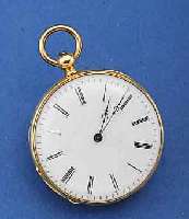 DAMENTASCHEN-/ANHÄNGEUHR, SCHWEIZ UM 1860, 18 CT. GG, BOD. SYMMETR. GUILL., PERF. EMAIL- BL., ORIG. STILFORMZEIGER, METALLCUV. VERG., 8-STEINIGES ...