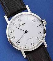 GLASHÜTTE HERRENARMBANDUHR, DEUTSCHLAND UM 1984, METALL HART VERCHR., EDELST.-BOD. AUFGE- DR., EMAILFARB. KONTRASTZIFFERBL., FORMANKER- WERK, KAL. ...