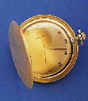 MILUS FRACKUHR, SAVONETTE-AUSFÜHRUNG, GG 750/000, SCHWEIZ UM 1970, MATT., VERG. BL. M. AUFGES. ARAB. GOLDSTD.-ZEICHEN, RUNDANKERWERK, KAL. 170, ...