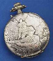 OFFENE HERRENTASCHENUHR, SCHWEIZ UM 1920, METALLGEH. VERSILB., RÜCKSEITIG RELIEF. U. GRAV. DARST. V. BERGSTEIGERN M. EDELWEIS (SELTEN), VERSILB. ...