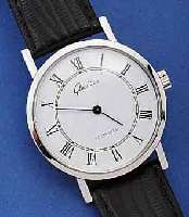 GLASHÜTTE HERRENARMBANDUHR, DEUTSCHLAND UM 1984, METALL HART VERCHR., EDELST.-BOD. AUFGE- DR., EMAILFARB. KONTRASTZIFFERBL., FORMANKER- WERK, KAL. ...