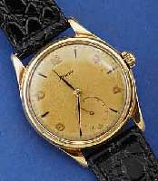 ALPINA HERRENGOLDUHR, SCHWEIZ F. D. SKANDIN. MARKT UM 1953, GG 585/000, BOD. GESCHR., M. WIDMUNGSGRAV., VERSILB. BL. FARBL. ALTERSBED. GETÖNT, ...