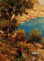 HAY, BERNARDO, GEB. 1864, KÜSTE VON AMALFI MIT SPAZIERGÄNGERIN, ÖL/ LWD, LI. U. SIGN., CA. 40 X 25 CM, R.