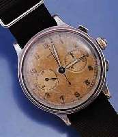 NIVREL ARMBANDCHRONOGRAPH, SCHWEIZ UM 1936, METALL VERCHR., EDELST.-BODEN U. GLASR. GEDR., D. CA. 40 MM, ORIG.-BLATT FL., 30-MIN.-STOPP- ZÄHLER, ...
