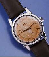 OMEGA HERRENARMBANDUHR SEAMASTER, EDELST., BODEN GEDR., VERS. ORIG.-BLATT, ALTERSBED. FARBL. GET., LEDERB. NEU, WERK VERG., HANDAUF- ZUGKAL. 420, ...