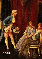 ZUSCHREIBUNG: LOUIS LEBRUN, 1844-1900 BRÜSSEL, BELGISCHER HISTORIEN- UND GENREMALER, ROKOKOSZENE MIT ELEGANTEM HER- REN, DER DEN DAMEN SCHMUCK ...