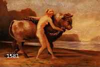UNBEKANNTER KÜNSTLER, ANFANG 20. JH., EUROPA UND DER STIER AM MEERESGESTADE, ÖL/LWD, LEICHTE ALTERSSPUREN, UNLESERLICH SIGN., CA. 30 X 25 CM