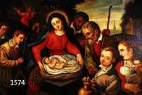 UNBEKANNTER KÜNSTLER, 18. JH., WEIHNACHTSSZENE: MARIA, JOSEF UND DIE HIRTEN MIT DEM JESUSKNABEN, IM HINTERGRUND LAND- SCHAFT MIT KIRCHDORF, ...