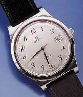 OMEGA GENEVE HERRENARMBANDUHR, EDELST., SCHWEIZ UM 1975, FLACHE AUSF., BODEN GESCHR., BEI FERTIGST. WASSERGESCH., DATUM-SCHNELLKOR- REKTUR DURCH ...