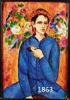 EMAILMALEREI, SPANIEN, 20. JH., SITZENDER JÜNGLING MIT BLUMEN IM STILE DES FRÜHEN PICASSO, EMAIL AUF METALL, 835ER SILBERRAHMEN, CA. 13,5 X 9 ...