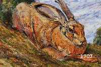 Dahlem, Josef, 1872-1955, Sitzender Hase, Öl/Malkarton, li. u. sign., rÜckseitig Ausschnitt eines GemÄldes mit Enten dort auch Nachlaßstempel ...
