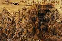 HOLZSTICH, CHINA, UM 1640-50, MANDSCHUREN ERSTÜRMEN DIE CHINESISCHE MAUER, IM OBEREN TEIL BESCHRIFTET, BUGFALTE, BRAND- UND WASSER- SPUREN, ...