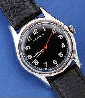 UNIVERSAL GENEVE HERRENARMBANDUHR, EDELST., BOD. GESCHR., BEI FERTIGST. WASSERGESCH., SCHWEIZ UM 1945, INNENSCHALE GEGEN MAGNET., SCHWARZES ORIG. ...