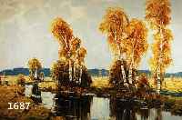 KNOBLOCH, JOSEF ROLF, GEB. 1891 BÖHMISCH-KAMNITZ, WAR TÄTIG IN MÜNCHEN, BIRKENBESTANDENER FLUßLAUF IN WEITER LANDSCHAFT, ÖL/LWD, LI. U. ...