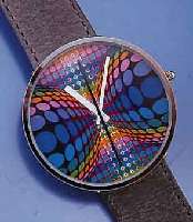 BULOVA DESIGNERARMBANDUHR VASARELY, SCHW. HIGH-TECH-QUARTZWERK MIT ZENTRALSEK., MESSING- GEH. SILBERGRAU PATINIERT, EDELSTAHLSPRENG- DECKEL 22 KT ...