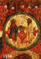 IKONE, NORDWESTRUSSLAND, UM 1850, DARSTELLUNG DER DREIFALTIGKEIT, IN EINER RUNDEAUREOLE SIND DEM THRON DER CERUBIM GOTT-VATER UND CHRISTUS ...