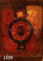 IKONE, NORDRUSSLAND, UM 1850, DARSTELLUNG DES "ALLES SEHENDEN AUGE GOTTES", IN DER BILDMITTE IST IN EINER RUNDAUREOLE CHRISTUS EMMANUEL ...