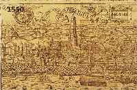 KONV. 4 BLATT NÖRLINGEN UND UMGEBUNG, 1.) HOLZSCHNITT AUS SEB. MÜNSTER AUF DER DOPPELTEN BUCHSEITE BILDGR. DIE STATT NÖRD- LINGEN, CA. 24,5 X ...