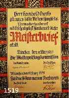 MEISTERBRIEF EINES UHRMACHERS, OBERBAYERN, 1933, ORIG. GERAHMT, UMLAUFEND MIT DARSTEL- LUNGEN VON VERSCHIEDENEN HANDWERKSBERUFEN, AUSSTELLUNG DES ...