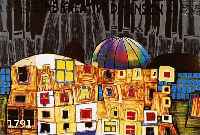 HUNDERTWASSER, FRIEDENREICH, 1928-2000, BAUSTEIN ZUR FINANZIERUNG..., FARBOFFSET, NUM. 3626/5000, CA. 44 X 42 CM
