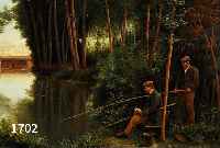 TALLOU, A. ODER ÄHNL., WOHL FRANZ. KÜNSTLER ENDE 19. JH., FEINE IMPRESSIONISTISCHE MA- LEREI, ZWEI ANGLER AN WALDUMSÄUMTEM GEWÄSSER, IM ...