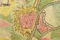 KONV. 4 BLATT MIT ANSICHTEN UND KARTEN V. STETTIN U. UMGEBUNG, 1.) ALKOLOR. KUPFER- STICHPLAN VON HOMANN, CA. 1740, STETTIN AUS DER VOGELSCHAU MIT ...