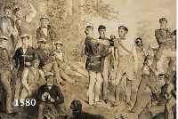 LITHOGRAPHIE, STUDENTIKA, MENSURVORBEREITUNGEN AM WALDRAND, PORTRAITIERT SIND 18 BONNER PREUßEN, IN DER PLATTE SIGN. "FIKENTSCHER 1856", ...