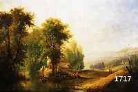 UNBEKANNTER MALER, FRANKREICH, UM 1880-90, ROMANTISCHE LANDSCHAFT MIT GEHÖFT UND PERSONEN AM FLUß, ÖL/LWD, RÜCKSEITIG GROßFLÄCHIG HINTERLEGT, ...