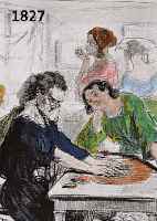 GARVANI, PAUL,VIER HANDKOLORIERTE LITHO- GRAPIEN, UM 1840, LEHRER, REDNER, FRAUEN- GESPRÄCH, KARTENLEGERIN, ZWEI IM STEIN SIGN., CA. 19 X 16 UND ...