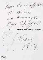 CHAGALL, MARC, 1887-1985, MUSéE DES ARTS DECORATIFS, FEDERZEICHNUNG MIT PERSÖNLICHER WIDMUNG AN HERRN PROF. BARUK, VENCE 1959, HANDSIGNIERT UND ...
