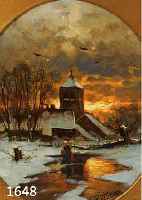 RITTBERG, F., KÜNSTLER DES, 19./20. JH., WINTERLANDSCHAFT MIT PERSONENSTAFFAGE BEI SONNENUNTERGANG, ÖL/MALKARTON, SIGN., OVAL, CA. 30 X 25 CM, ...