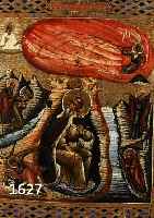 IKONE, RUSSLAND, UM 1900, DIE FEURIGE HIMMELFAHRT DES HL. ELIAS, TEMPERA AUF HOLZ, CA. 31 X 26 CM
