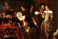 ZUSCHREIBUNG: JAN STEEN, 1626 LEIDEN-1679, LUSTIGE GESELLSCHAFT: IM VORDERGRUND SCHLAFEN- DE FRAU AN EINEM TISCH MIT ROTEM TISCHTUCH, DANEBEN ...