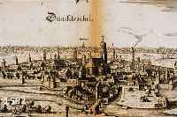 KONVOLUT 2 BLATT DINKELSBÜHL UND UMGEBUNG, 1.) KUPFERSTICH M. MERIAN, GA DÜNCKELSBÜHL, 12,5 X 32,5 CM; 2.) ALTKOLOR. LITHO. KARTE AUS DEM ATLAS ...