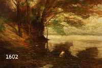 UNBEK. KÜNSTLER DES 19./20. JH., WOHL FRANKREICH, MORGENSTIMMUNG MIT FRAU AN BAUMBESTANDENEM SEE, ÖL/LWD., SCHWER LESBAR, SIGN./MONGR. U. LI., ...
