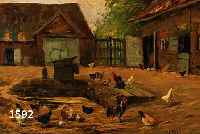 POHLMANN, A., DEUTSCHER MALER, UM 1900-20, GUTSHOF MIT HÜHNERN, ÖL/LWD, IMPRESSIONIS- TISCHE MALEREI MIT GROßER VARIANZ IN DEN ERDTÖNEN, RE. ...