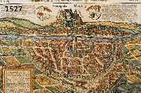 KONVOLUT VON 3 BLATT MIT ANSICHTEN VON WÜRZBERG, 1.) KOLOR. HOLZSCHNITT AUS SEB. MÜNSTER AUF DER DOPPELTEN BUCHSEITE BESCHREIBUNG DER STATT ...