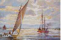 BURGHARDT, PAUL, GEB. 1898 DÖBELN I.SA., SCHUF ZAHLREICHE HAFEN- UND MARINEBILDER, MEHRERE SEGELBOOTE, AM HORIZONT EIN DAMPFER VOR DER ...