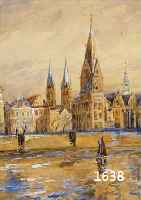 MÜGGE, B., 1. HÄLFTE 20. JH., IMPRESSIONIST STADTANSICHT, WOHL BREMEN, MISCHTECHNIK, SIGN. U. RE., VERSO BREMER STEMPEL, 43 X 31 CM, UNTER GLAS ...
