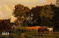 Schovelin, Axel Thorsen, 1827-1893, Pferde auf einer Koppel vor einem Bauernhaus, Öl/Malkarton, rÜckseitig altes Etikett mit Namen und Titel, ...