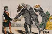 GRANDVILLE, JEAN IGNACE GéRARD, 1803-1847, 5 HANDKOLORIERTE LITHOGRAPHIEN, UM 1829, MENSCH-TIER-KARIKATUREN AUS DEM GESELL- SCHAFTSLEBEN, JE CA. ...